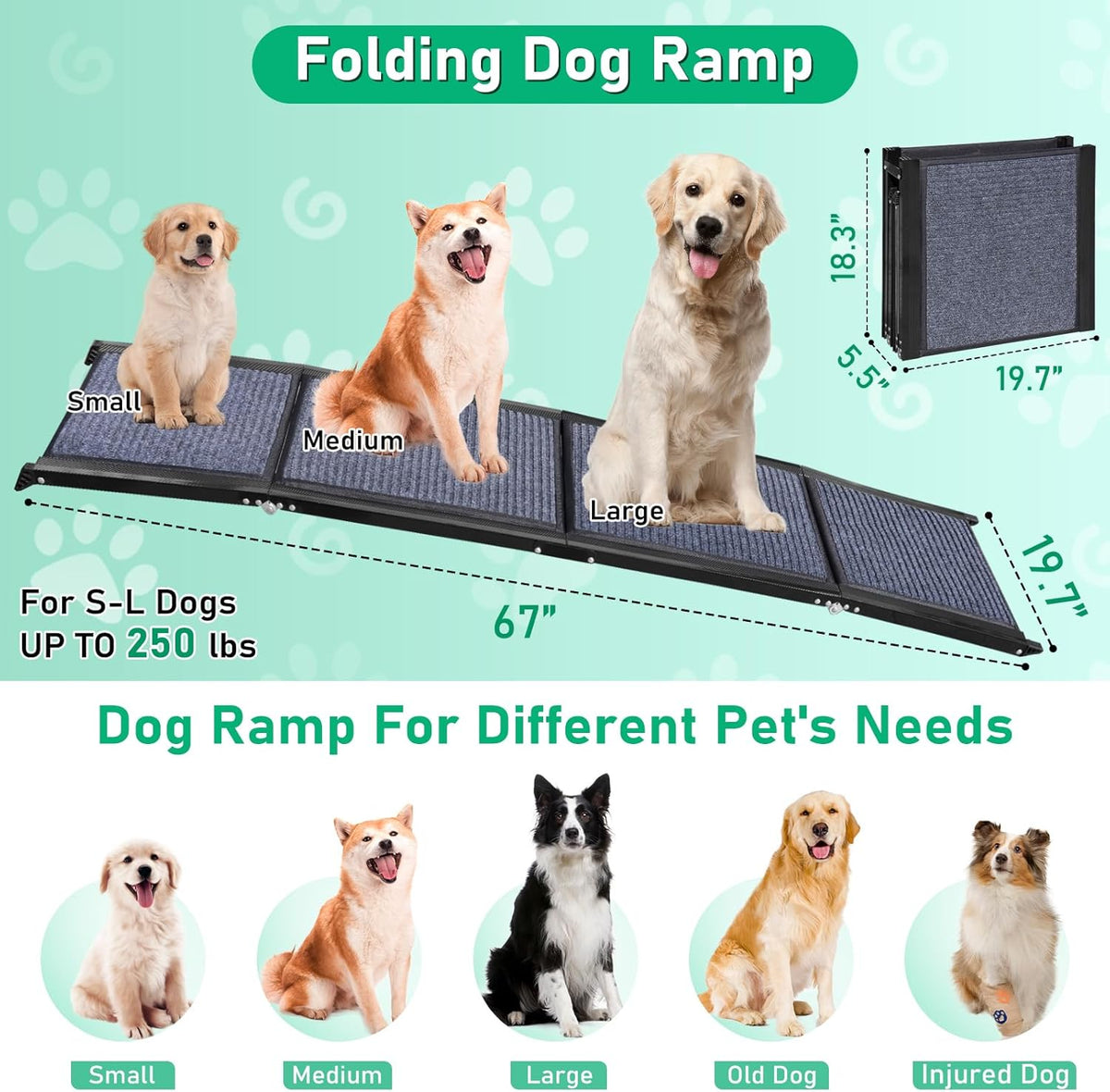 19.7" Wide 67" Long Folding Large Dog Ramp with Non-Slip Surface R573582