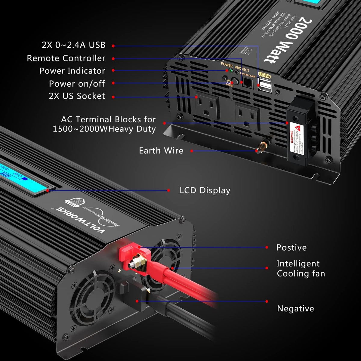 2000Watt DC 12V to 120V AC Car Power Inverter with 2 AC Outlets and LCD Display F95034