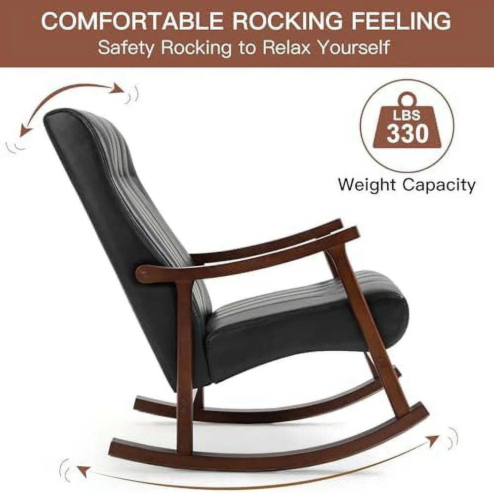 Upholstered Rocking Chair with Fabric Padded Seat Solid Wood High Back Armchair Grey E4479