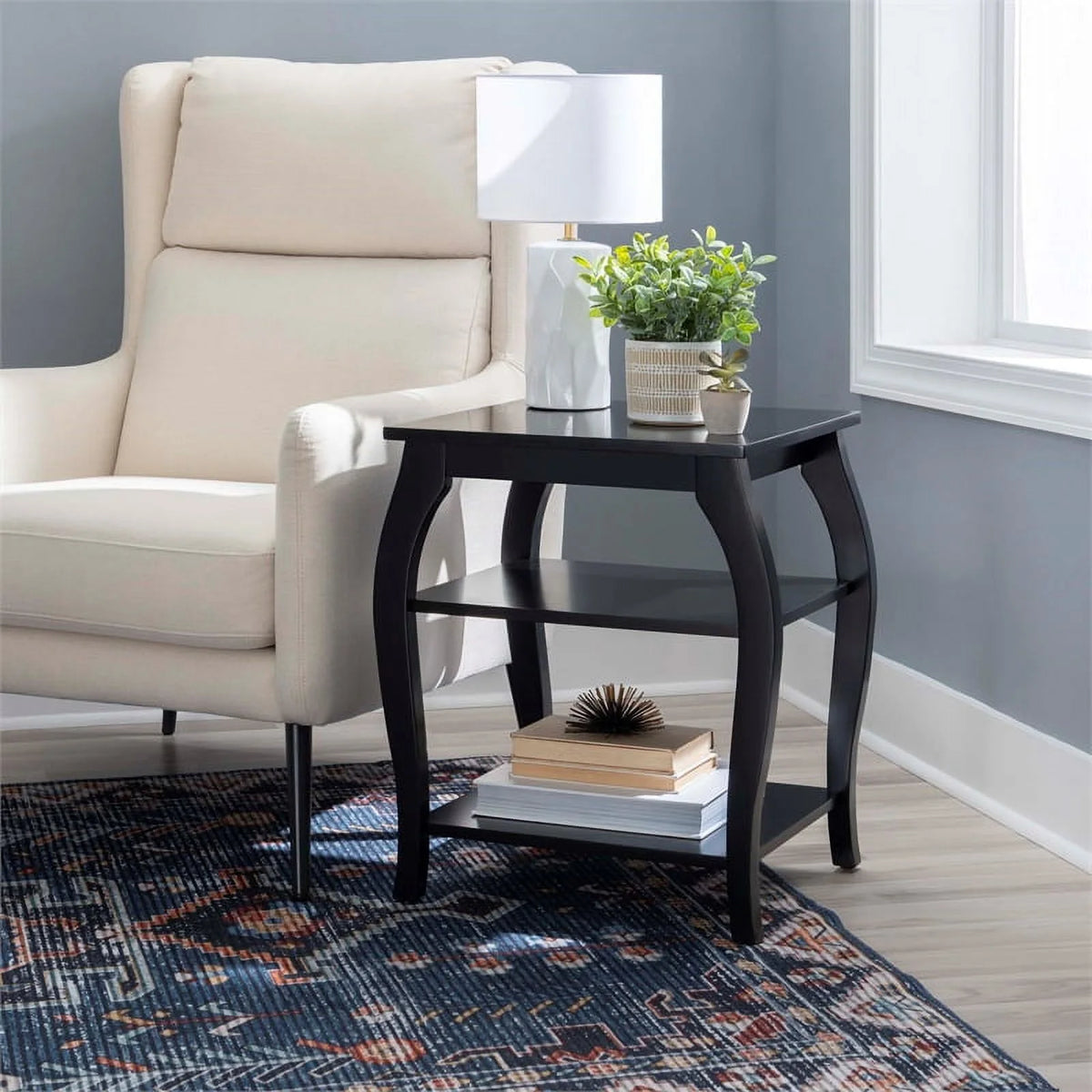Black Wood Side Table with 2 Shelves H84170