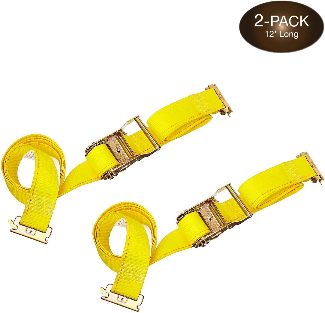 2 x 12 Heavy Duty Yellow Polyester Ratcheting Tie-Down Straps with E-Track Spring Fittings B822641