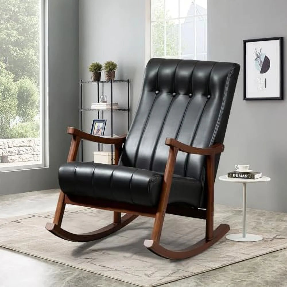 Upholstered Rocking Chair with Fabric Padded Seat Solid Wood High Back Armchair Grey E4479