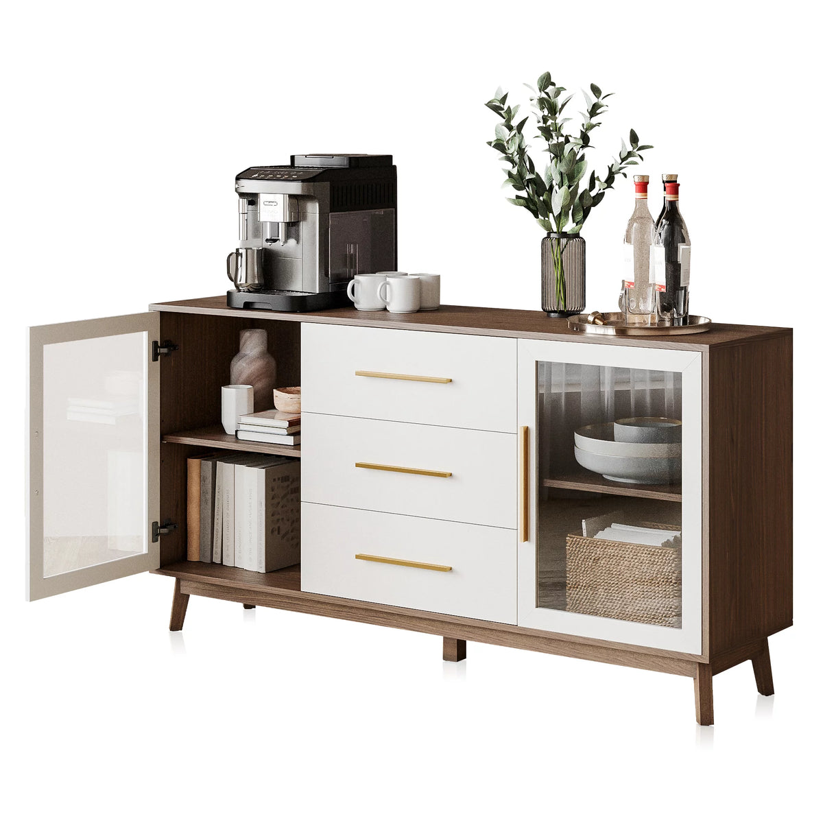 White Sideboard Buffet Cabinet with 3 Drawers & 2 Doors E64735