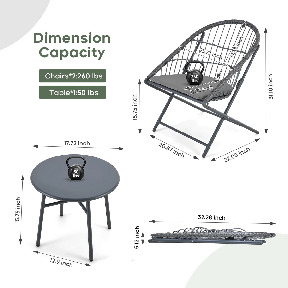 Dark Grey Wicker Patio Chairs with Table, Set of 3 M92973