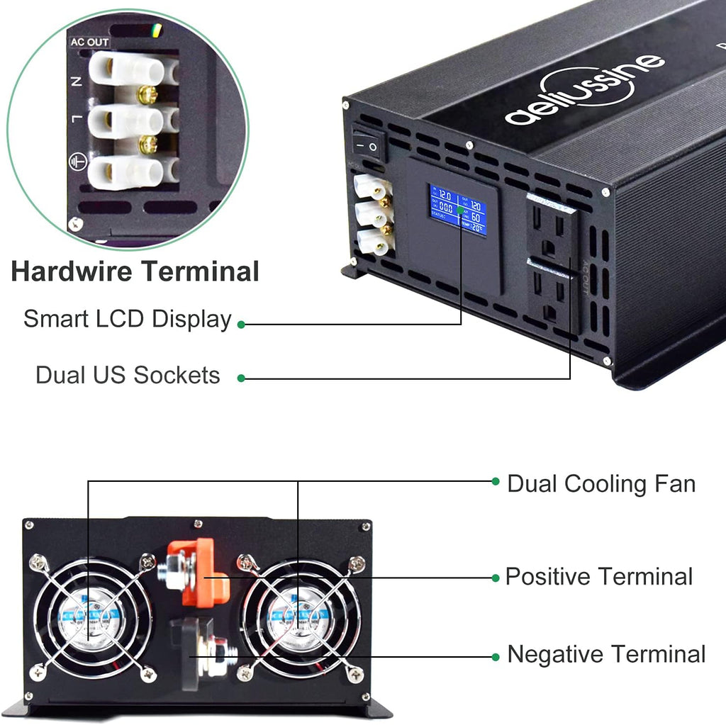2000w Pure Sine Wave Power Inverter 48v DC to AC 110v 120v with Hardwire Terminal LCD Display S56136