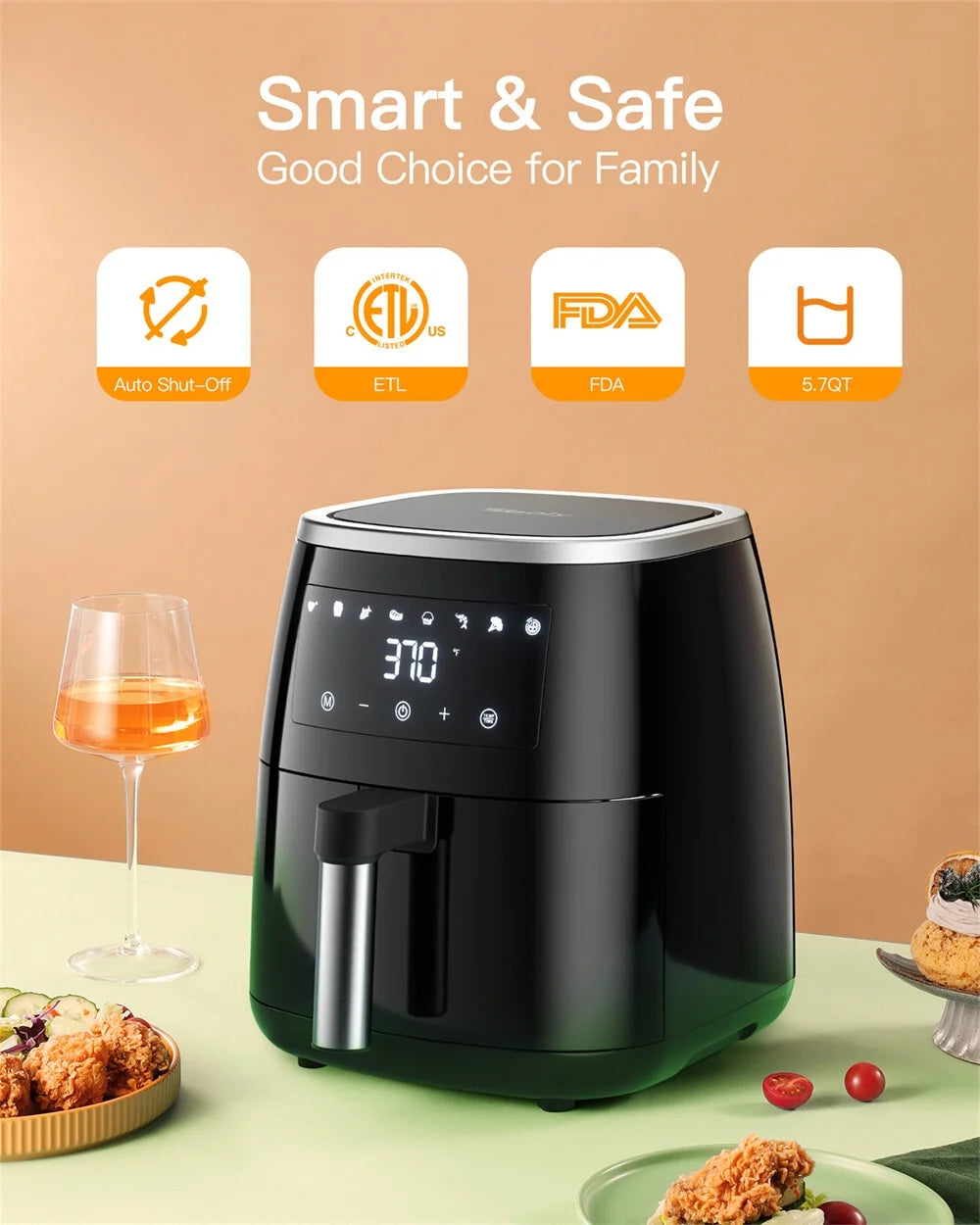 8-in-1 6 Qt Air Fryer with Touch-Screen Panel and Non-Stick Frying Basket W356