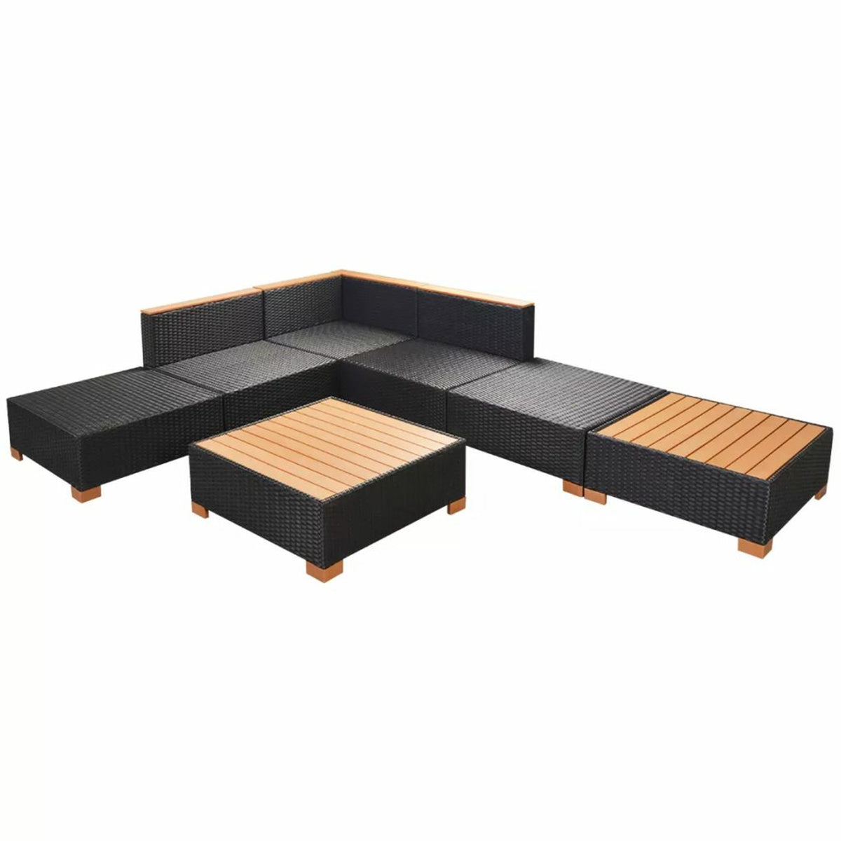 7 Piece Outdoor Sectional Sofa Set with Coffee Table and Ottoman Black Poly Rattan M630