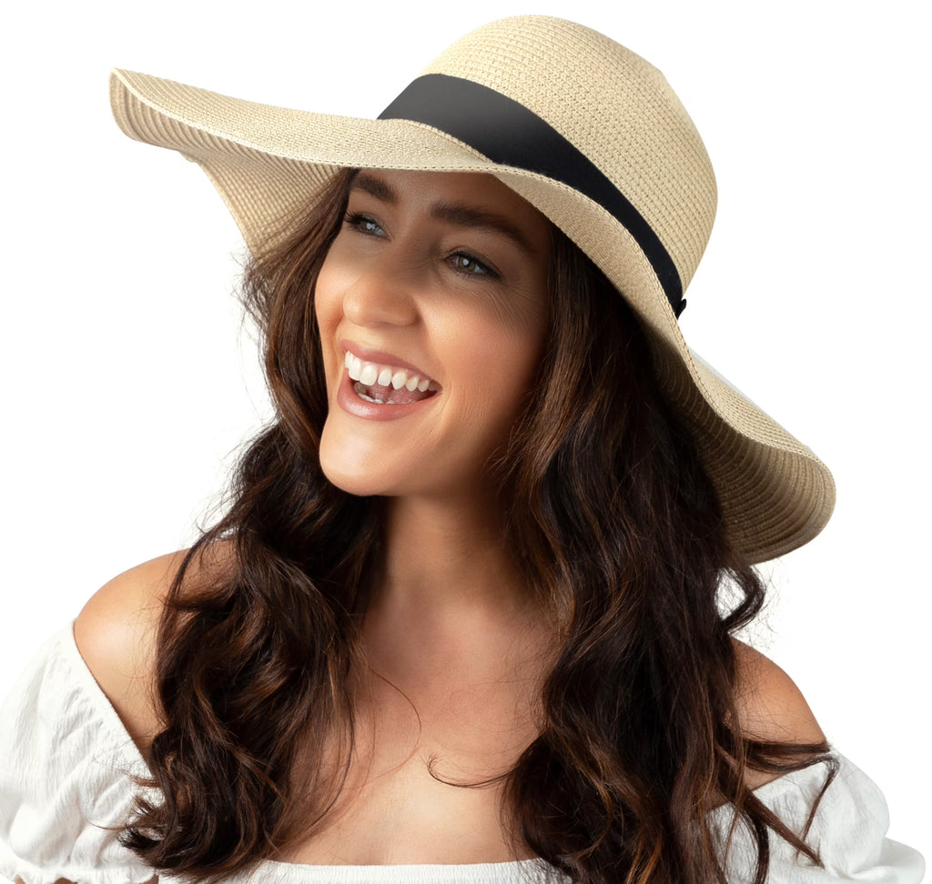 Beige Straw Floppy Sun Hat with Wide Brim D9322