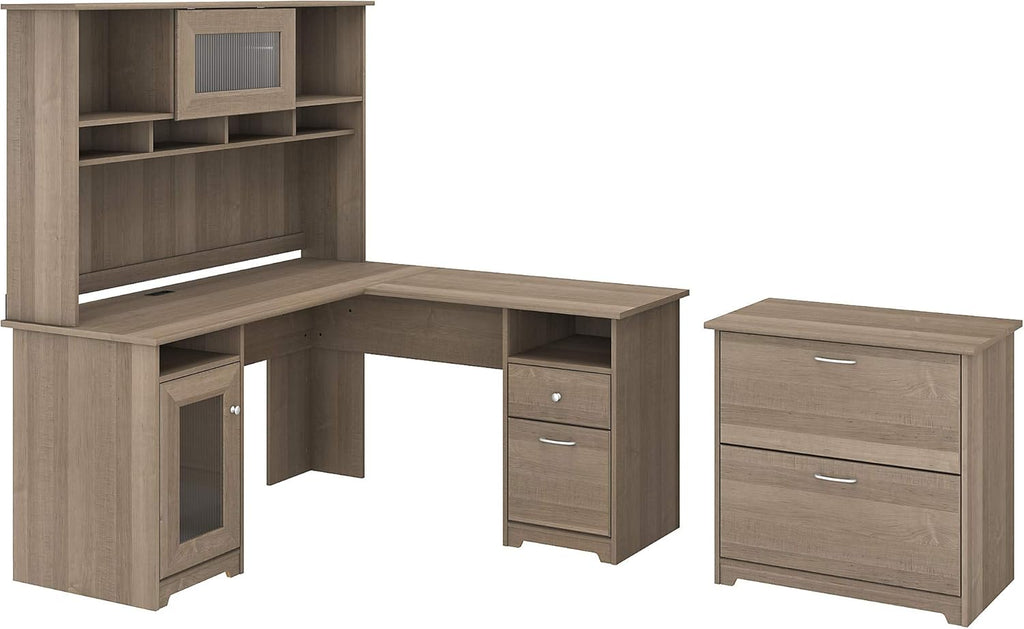 L Shape Desk with Hutch and Lateral File, Ash Gray E8155