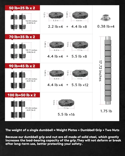Heavy Adjustable Dumbbell Barbell Set, Metal Dumbbell Grip and Barbell Bar, 1" Center Hole Weight Plate B3427