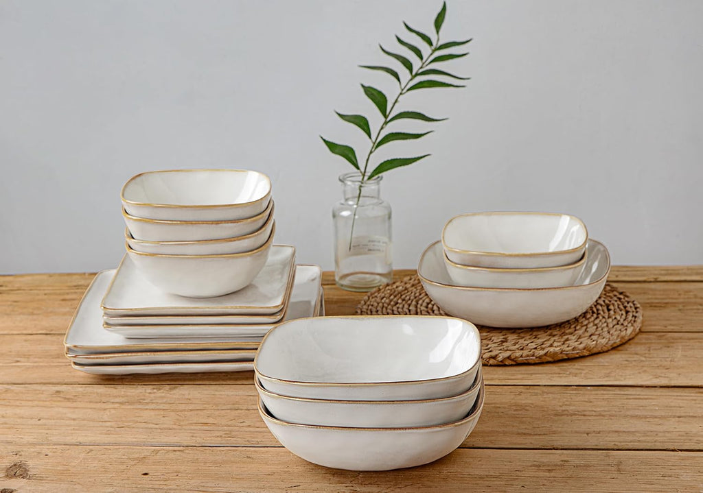 16-Piece Dinnerware Set, Square Plates and Bowls, Cappuccino White O52266
