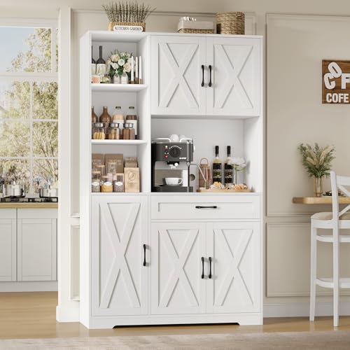 71" Tall Kitchen Pantry Storage Cabinet with Microwave Stand, Barn Doors, Large Drawer and Shelves, Ash Grey Z7990