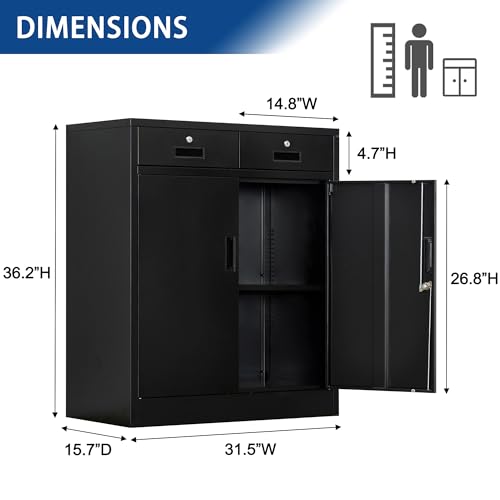 Black Steel Storage Cabinet with 2 Lockable Doors and 2 Adjustable Shelves K382