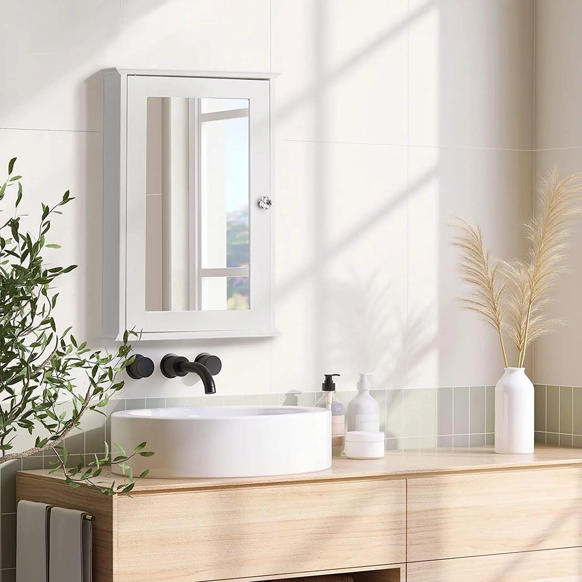 Wall Mount Mirrored Medicine Cabinet with Single Door and Adjustable Shelves White E94284