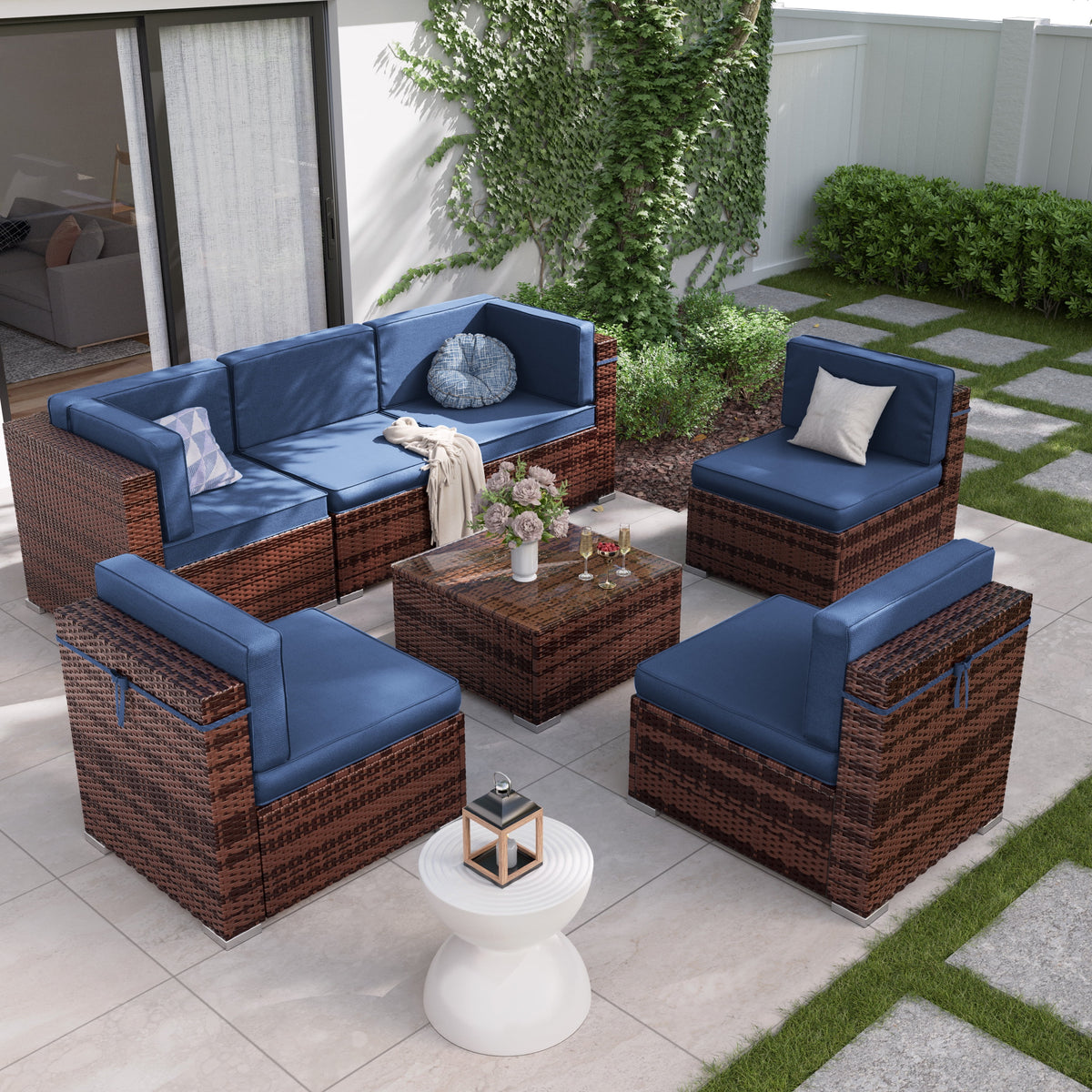 7 Pieces PE Rattan Wicker Patio Furniture Set with Glass Table R95567