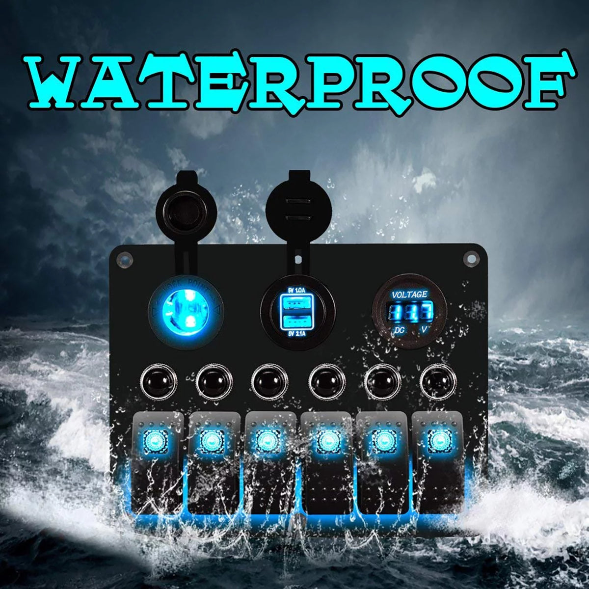6 Gang LED Rocker Switch Panel Dual USB Waterproof Power Socket F515663