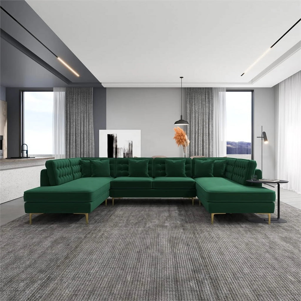 Green Velvet U-Shaped Sectional Couch P94187