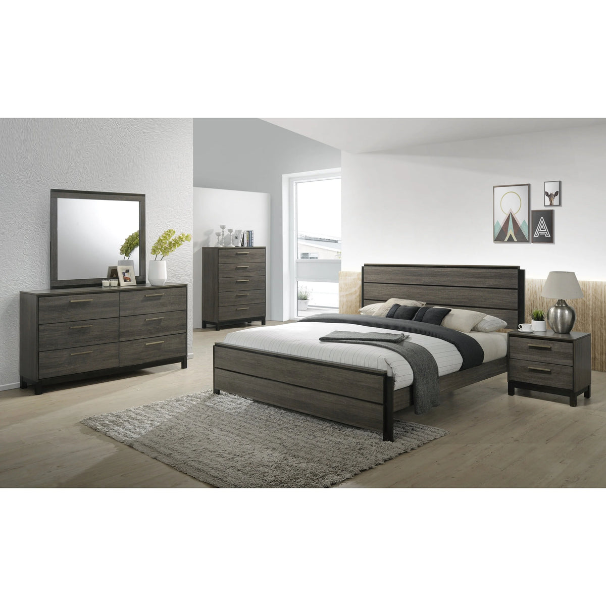 King Size Wood Bedroom Set with Dresser Mirror Nightstand Chest P89785