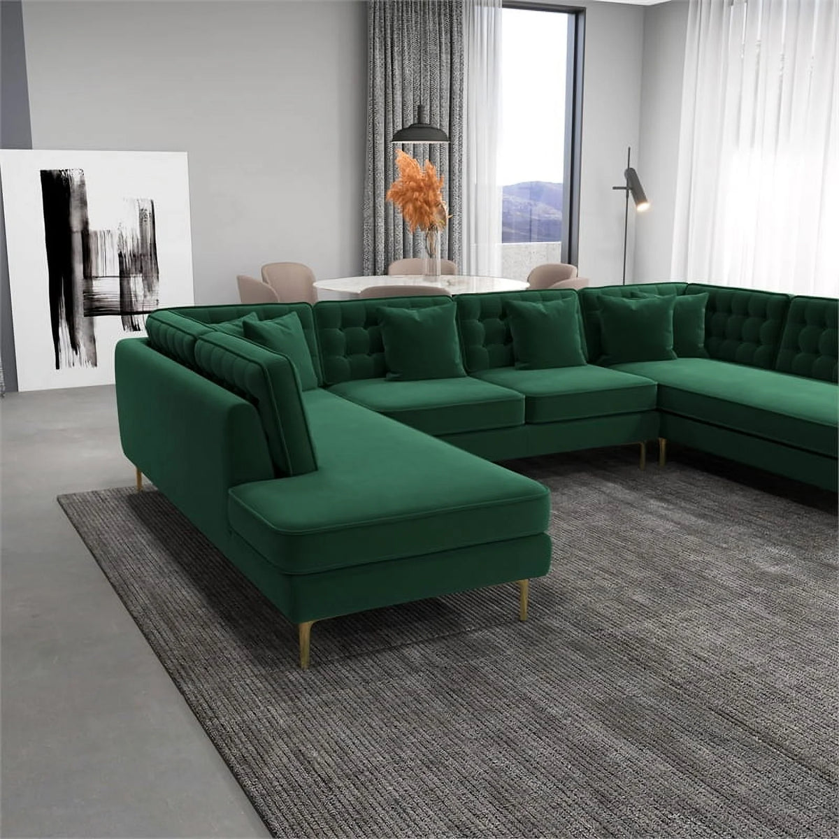Green Velvet U-Shaped Sectional Couch P94187