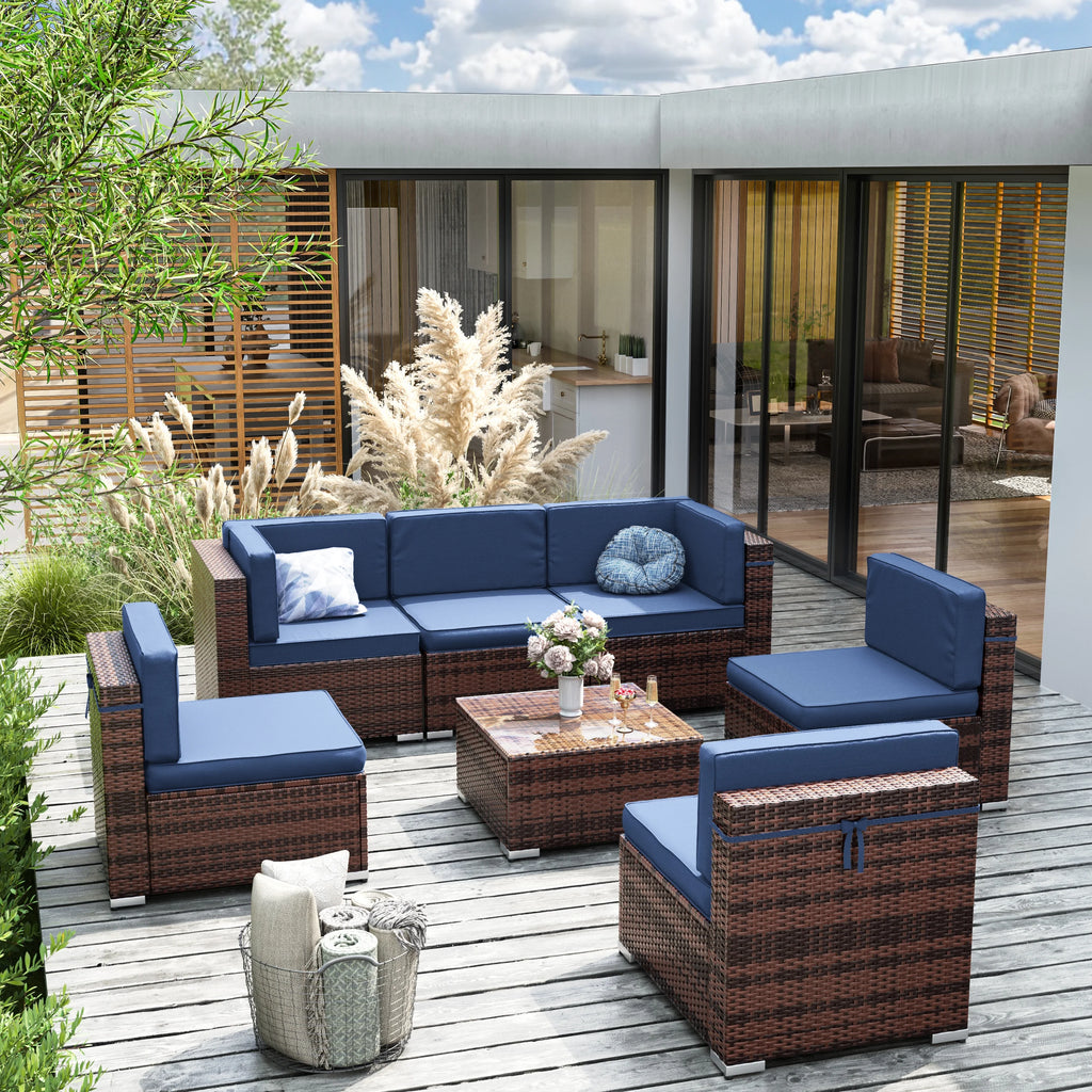 7 Pieces PE Rattan Wicker Patio Furniture Set with Glass Table R95567