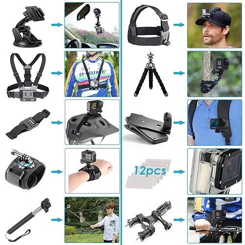 Compact Waterproof Action Camera with 4K, 12MP Photos, Stabilization, 128GB Card, Card Reader, 50 Piece Accessory Kit W6589