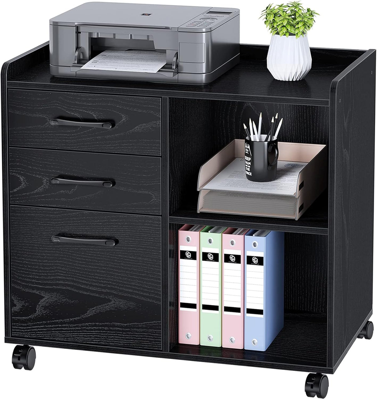 Black 3-Drawer Mobile File Cabinet with Open Storage Shelf E438713