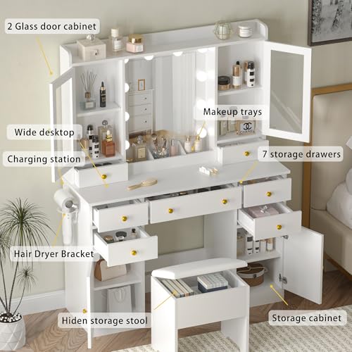 White Vanity Desk with Mirror and Lights C8589