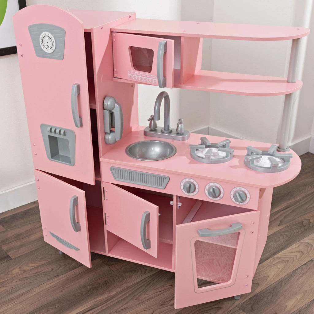 Pink Wooden Play Kitchen with Pretend Ice Maker and Play Phone A407979