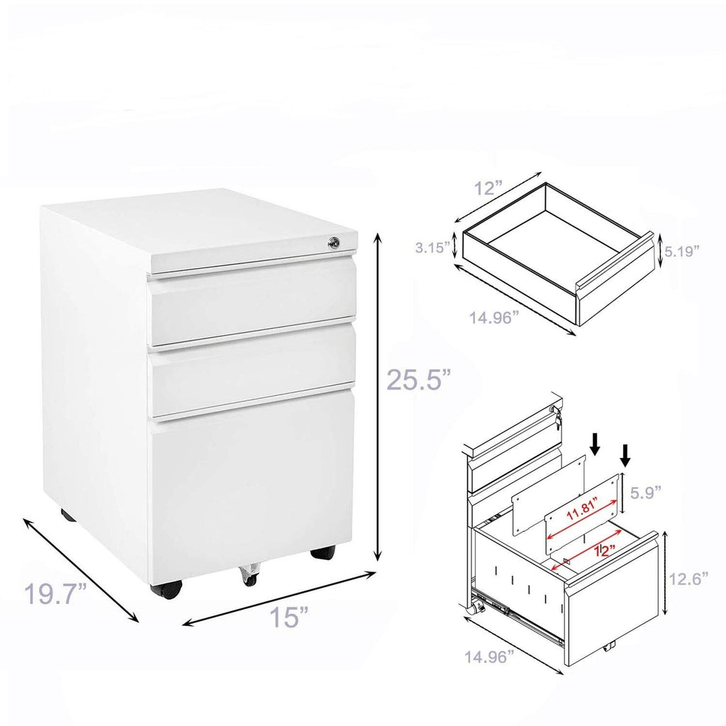 White 3-Drawer Locking Rolling Metal File Cabinet D9672