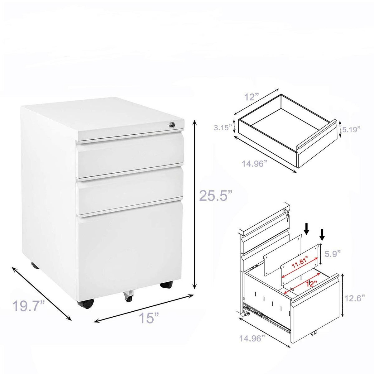 White 3-Drawer Locking Rolling Metal File Cabinet D9672