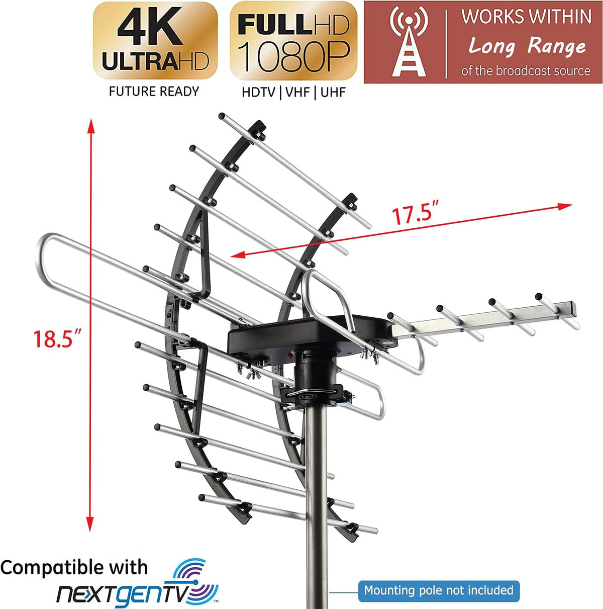 Digital HD TV Antenna, Outdoor Attic Antenna, 360 Degree Rotation Wireless Remote, 200 Miles Range, 4K 1080P VHF UHF Q6241