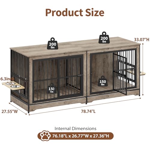 75'' Double Dog Crate Furniture with Double Door Grey Z5687
