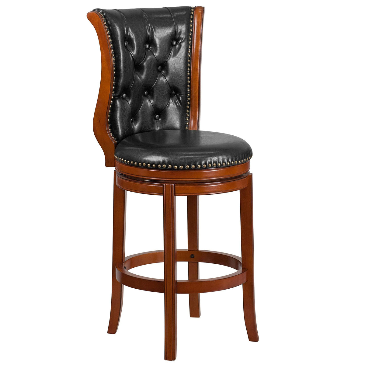 Brandy Wood Barstool with Black Leather Swivel Seat F598