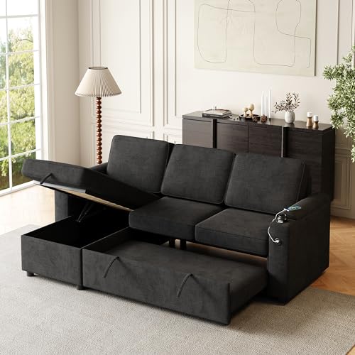 Dark Grey L-Shaped Fabric Sofa with Pull Out Bed V182709