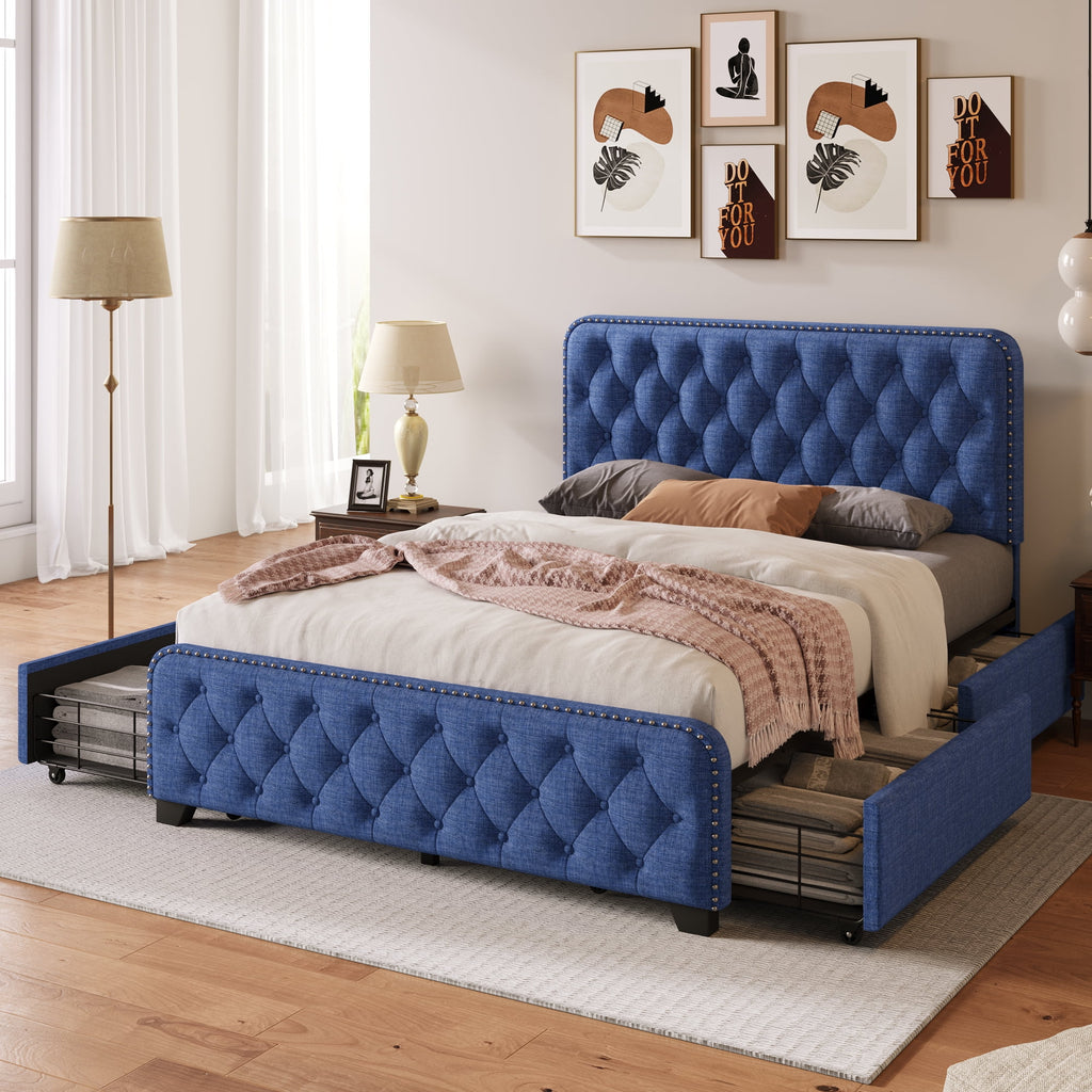 Blue Upholstered Platform Bed Frame with Four Drawers W99836
