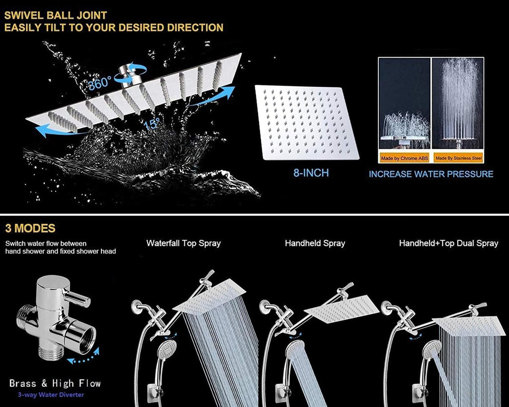Chrome 8" Rain Shower Head with Handheld Spray and Holder, 1.5M Hose, Pack of 2 E5425