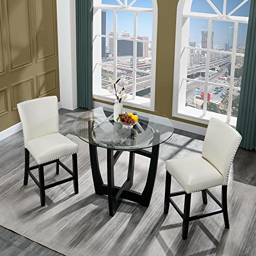 Ivory White Set of 2 Glass Counter Height Bar Stools with Upholstered Back W453
