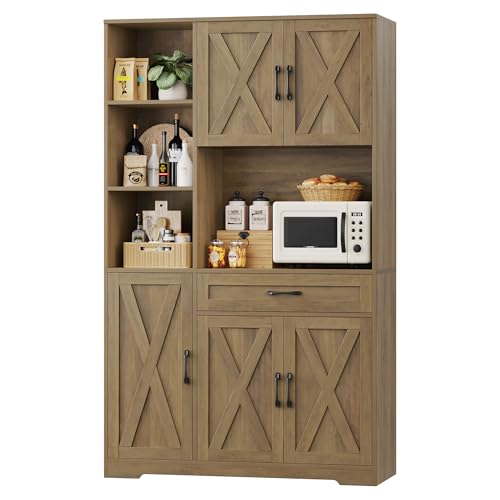 71" Tall Kitchen Pantry Storage Cabinet with Microwave Stand, Barn Doors, Large Drawer and Shelves, Ash Grey Z7990