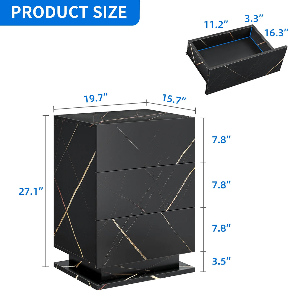 Set of 2 LED Nightstand with Drawer, Marble Black W624239