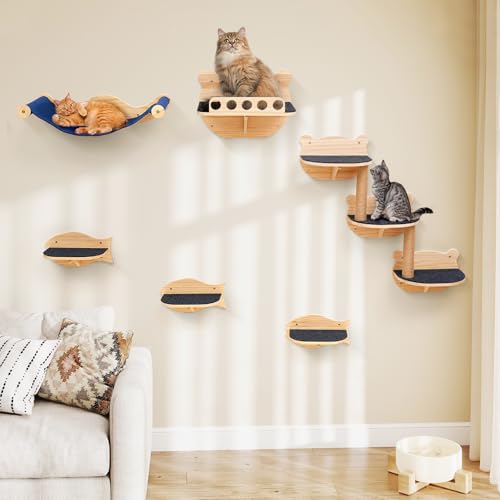 Cat Wall Shelves Set with Hammock Perches Sisal Scratching Post O140767