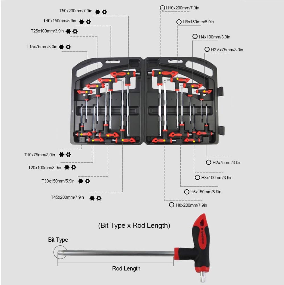 16 pcs T-Handle Hex Wrench Set, Ball End, 75mm-200mm, T10-T50 Q534052