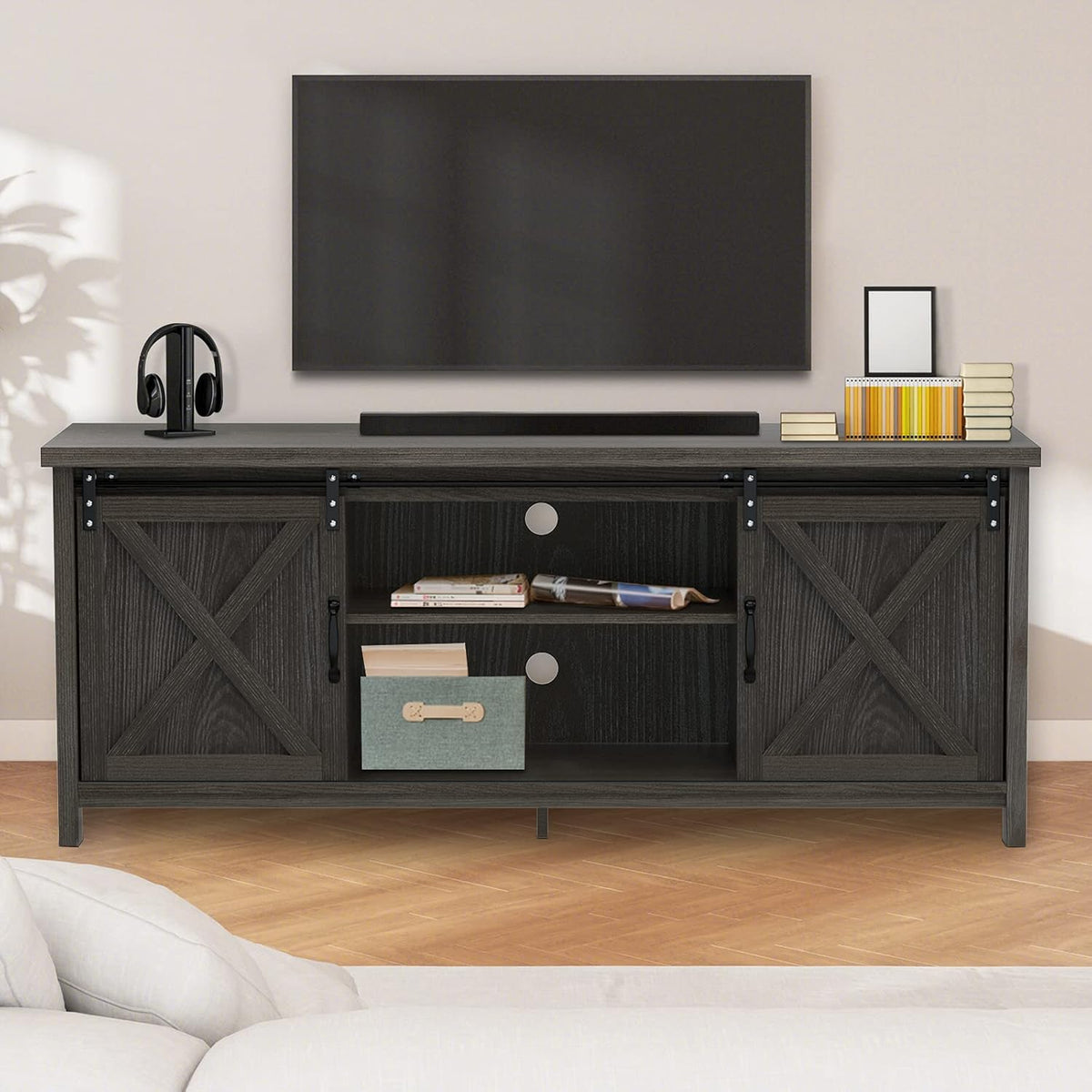 Farmhouse TV Stand with Sliding Barn Doors, Grey N74550