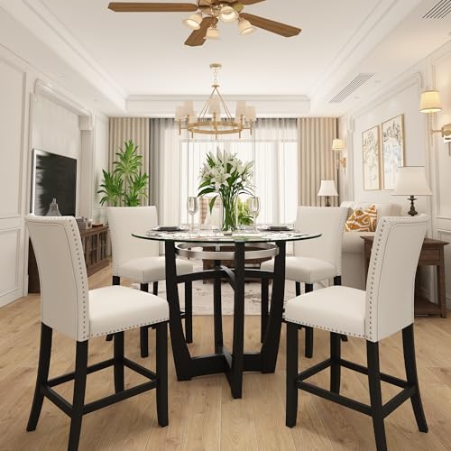 Ivory White Set of 2 Glass Counter Height Bar Stools with Upholstered Back W453