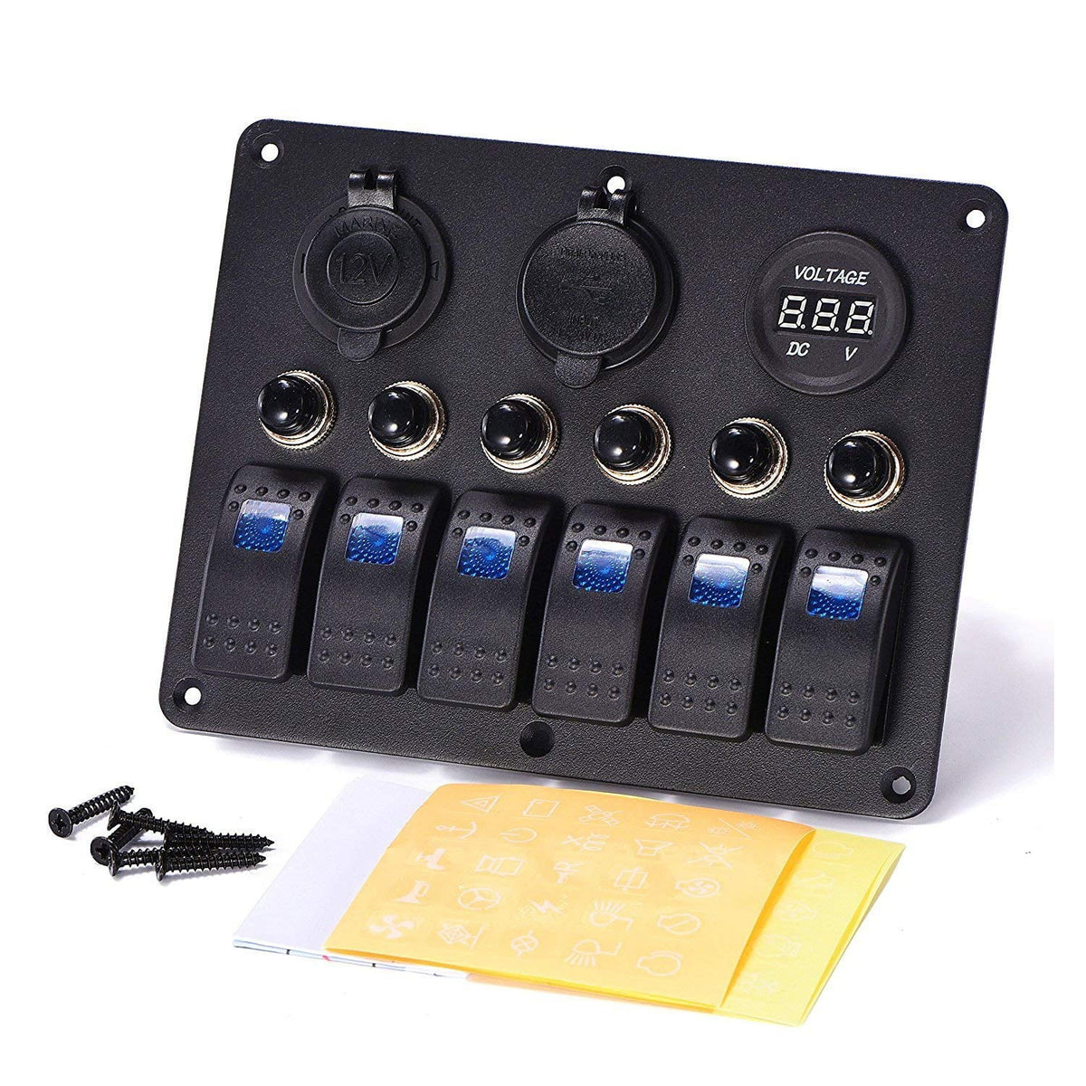 6 Gang LED Rocker Switch Panel Dual USB Waterproof Power Socket F515663