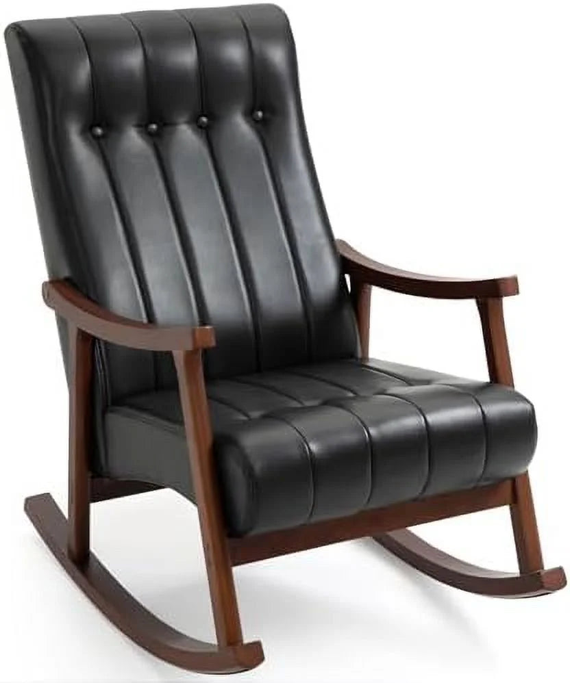 Upholstered Rocking Chair with Fabric Padded Seat Solid Wood High Back Armchair Grey E4479