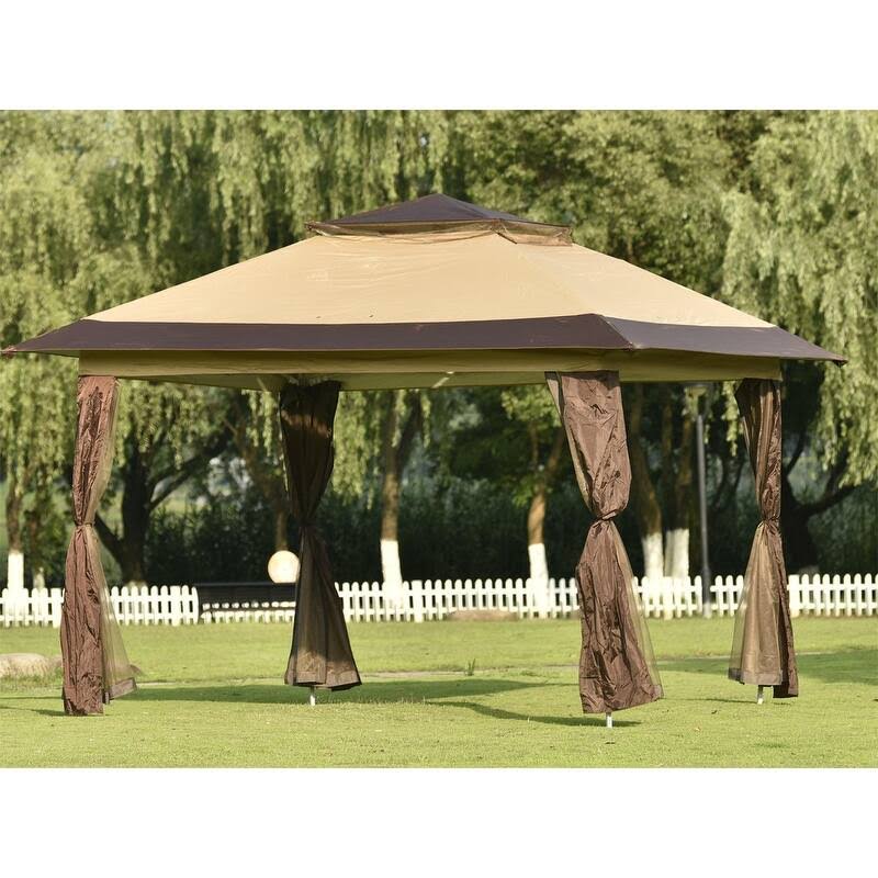 Beige and Brown Pop-Up Gazebo Tent with Mosquito Netting K2391