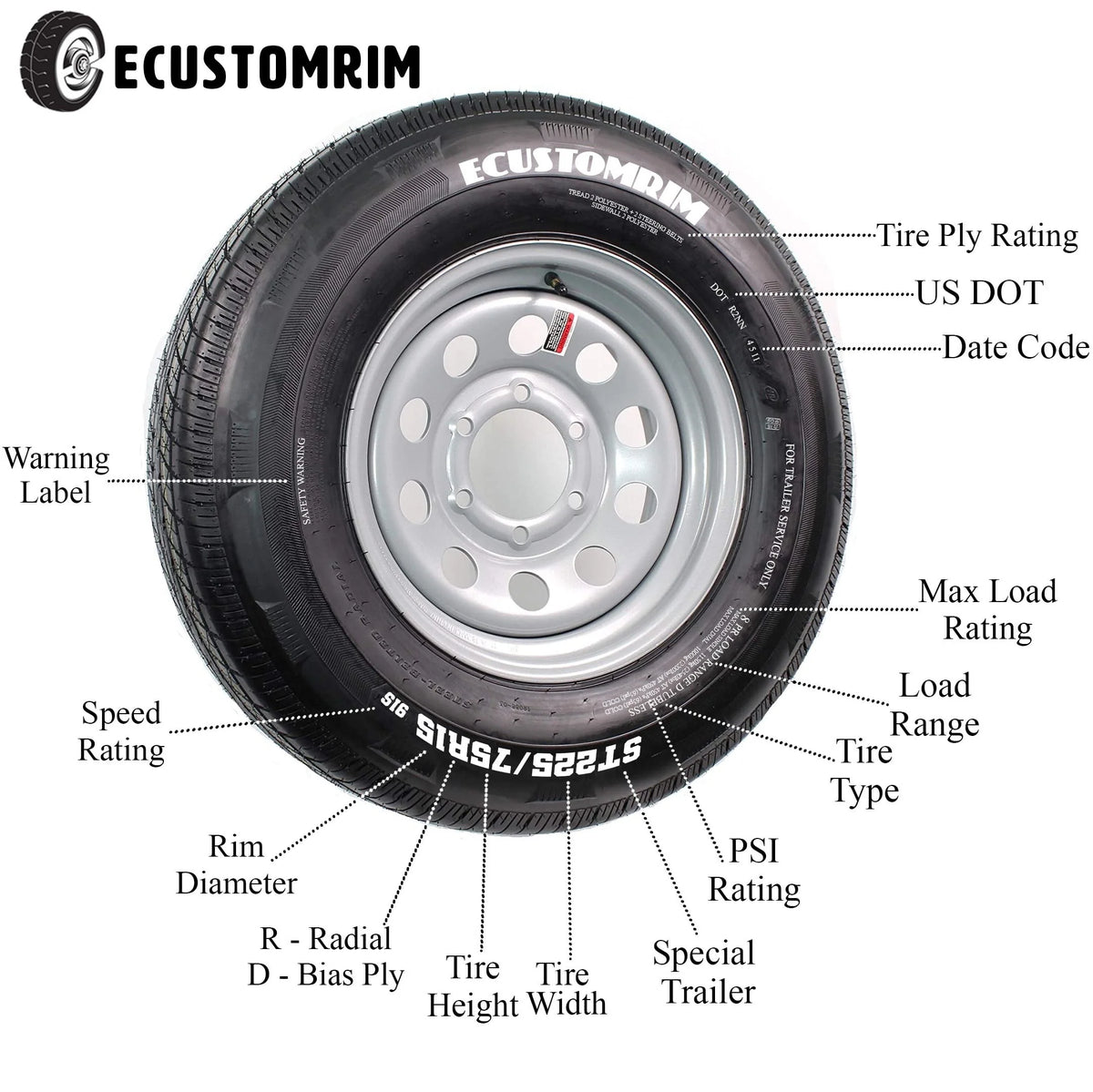 13 5 Lug Galvanized Spoke Trailer Tire On Rim V2403