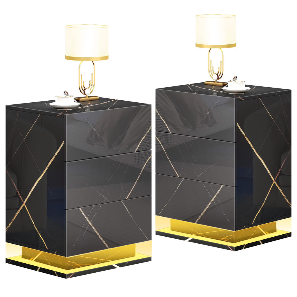 Set of 2 LED Nightstand with Drawer, Marble Black W624239