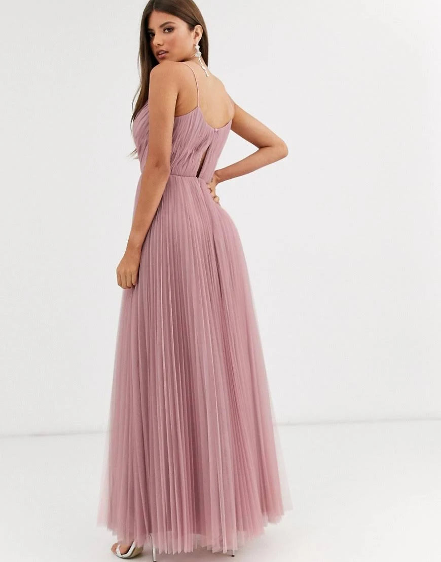 Light rose-Pink Pleat Tulle Maxi Dress W95449