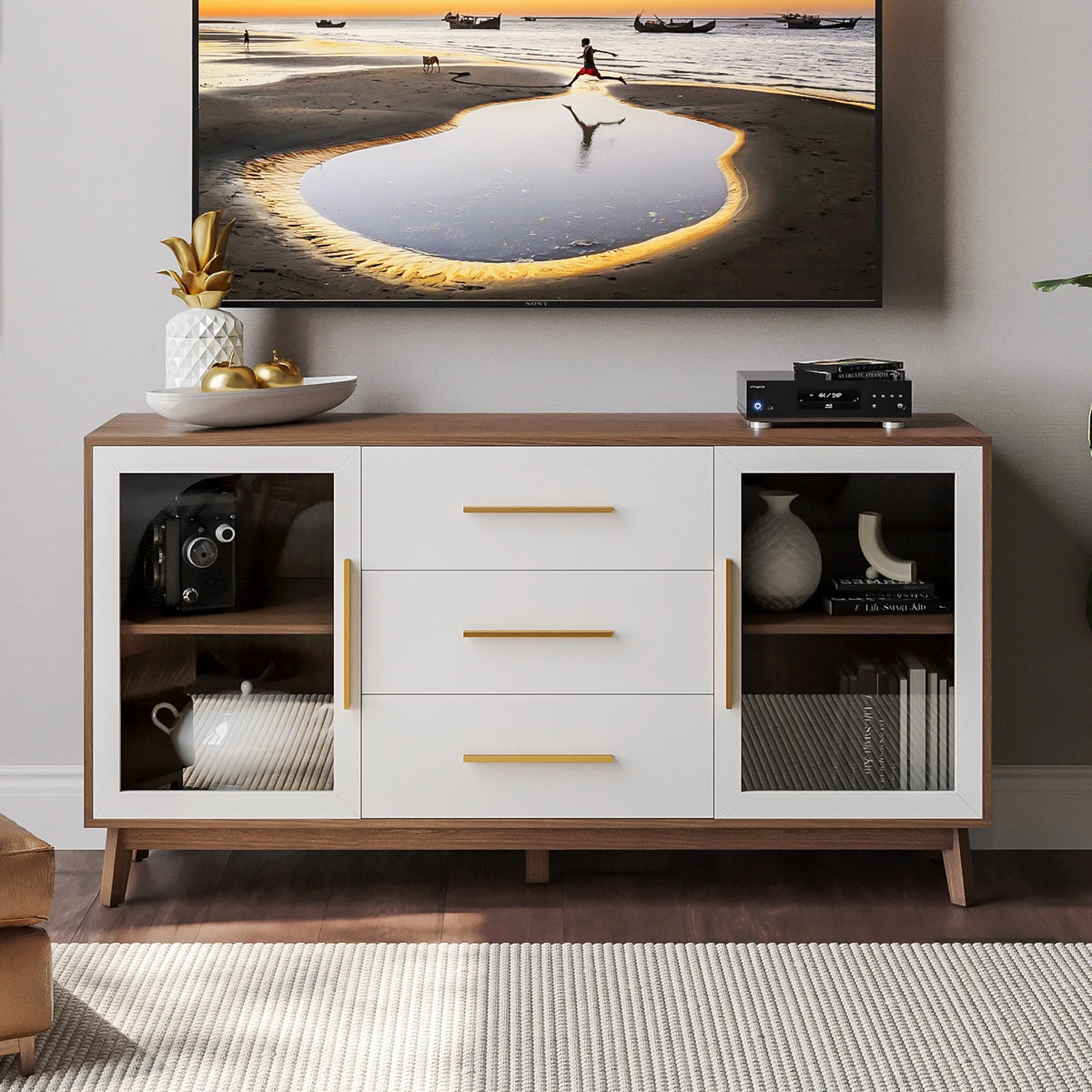 White Sideboard Buffet Cabinet with 3 Drawers & 2 Doors E64735